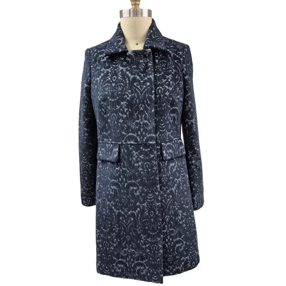 Tribal Navy Blue Brocade Coat Poly/Wool White Background Satin Lined Sz P/S NWOT